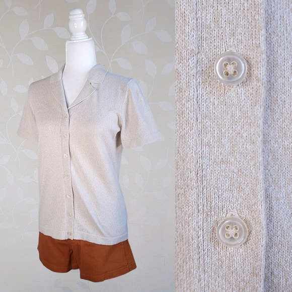 Vintage 90s Collared Knit Top Oatmeal Button-Up Scandi Cottage Style Van Heusen - Picture 12 of 12